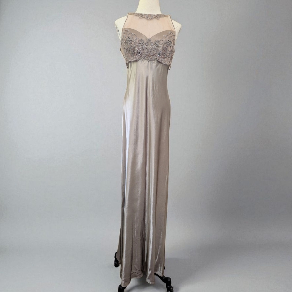Vintage 90s Satin Empire Waist Beaded Formal Dress Regency Whimsigoth